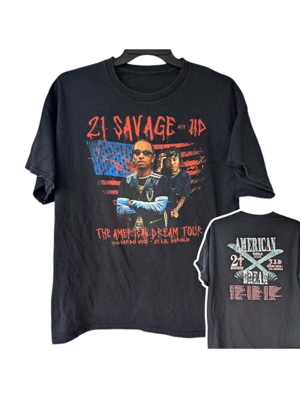 21 Savage JID T-Shirt XL Black American Dream Tour 2024 Concert 23.5x29 Band